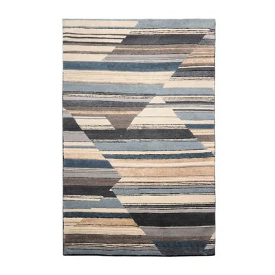 Hand Knoted Rectangle Area Rug in Ivory/Black/Blue | Wayfair North America