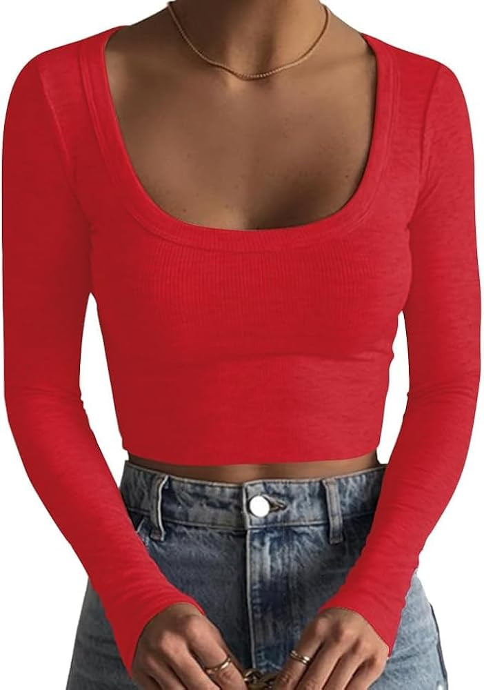 Amazon.com: Sweet Hearts Long Sleeve Crop Top for Women- Ribbed Square Neck Casual Basic Shirt Ma... | Amazon (US)