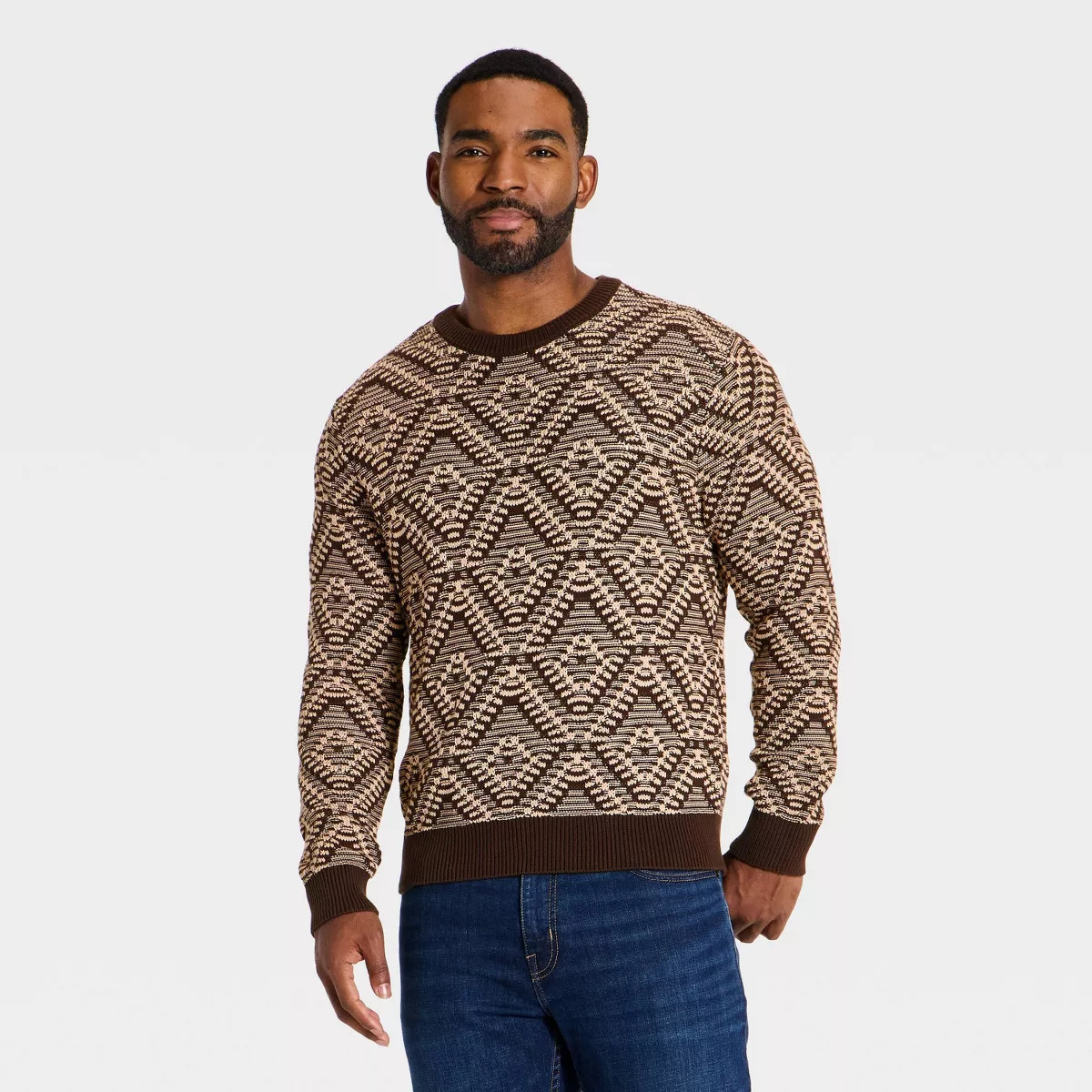 Men's Diamond Stitch Crewneck Sweater - Goodfellow & Co™ Brown L | Target