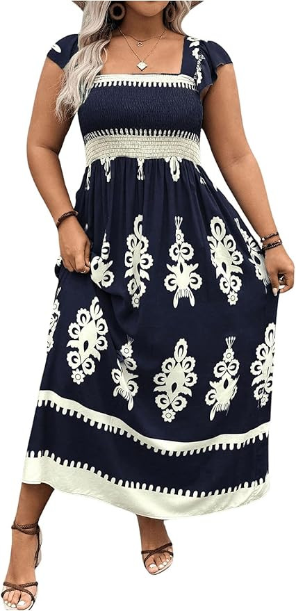 SHENHE Women's Plus Size Square Neck Tie Back Smocked Flutter Sleeve Flowy Maxi Boho Dress | Amazon (US)