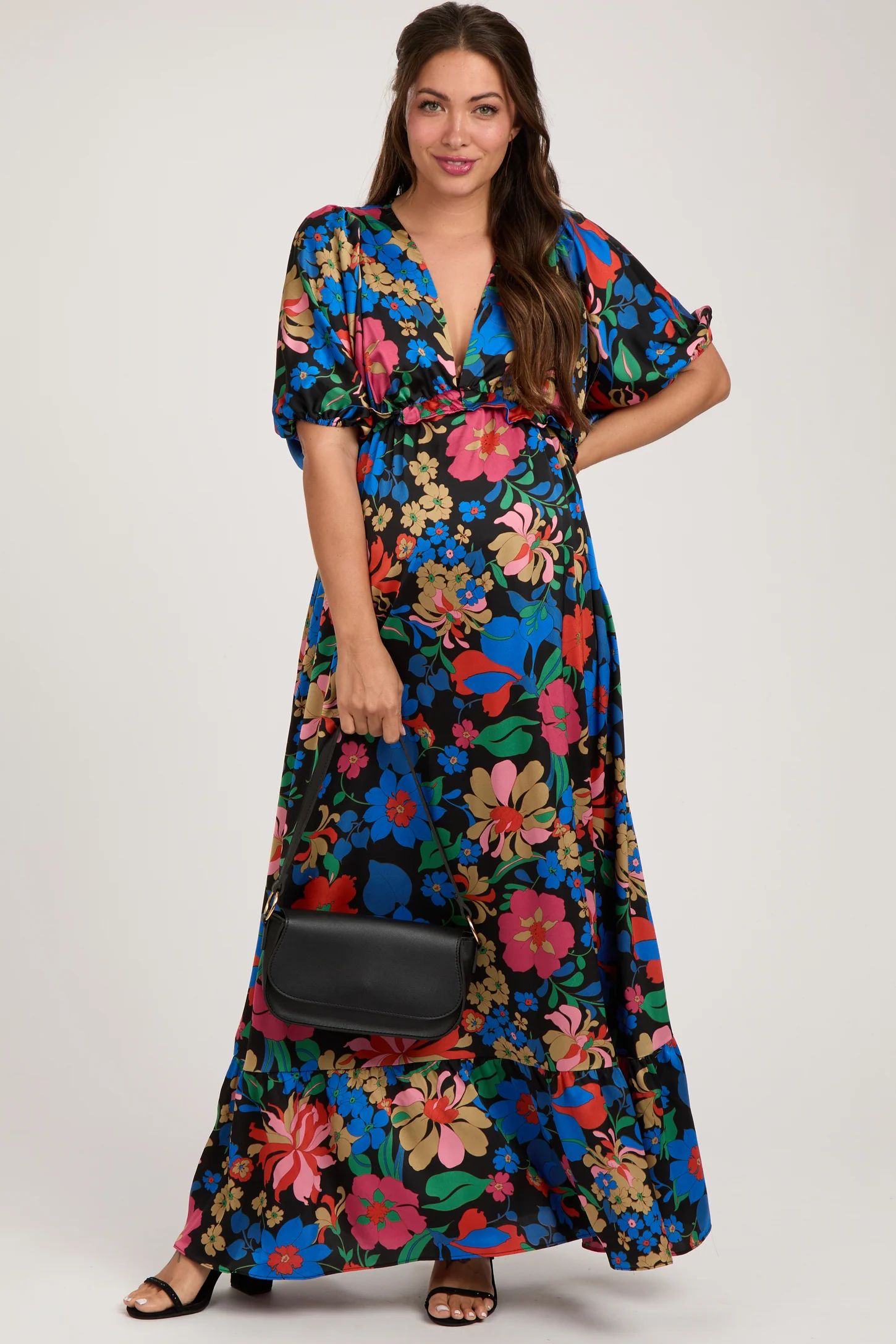 Black Floral Satin Deep V-Neck Puff Sleeve Maternity Maxi Dress | PinkBlush Maternity