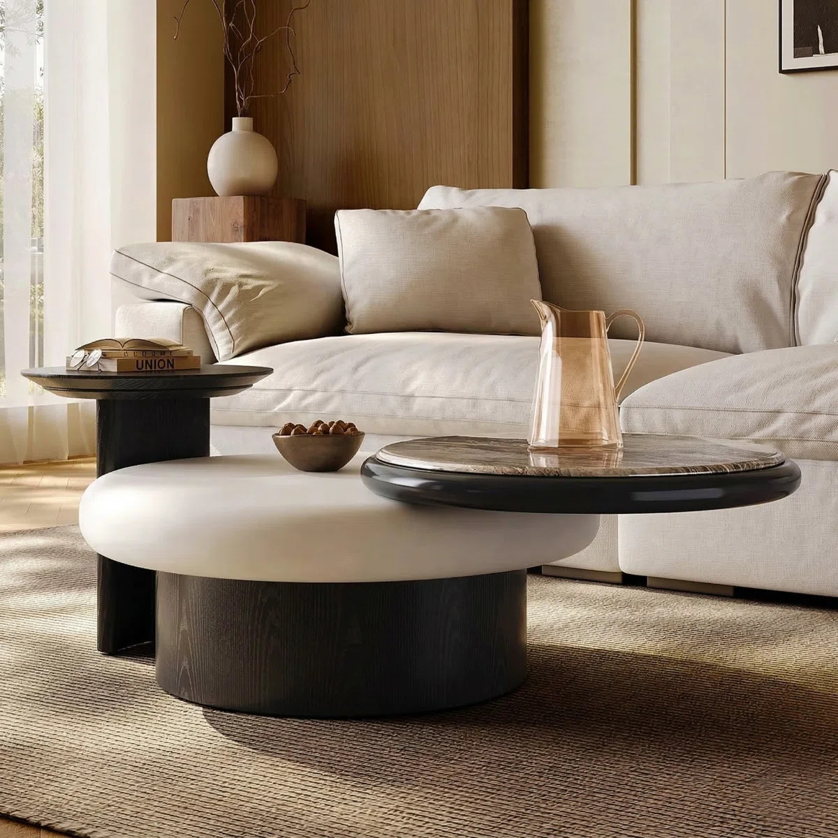 Modern Round Coffee Table Set, 3-Piece Mixed Material Design with Swivel Top \u2013 51.2" Microcr... | Wayfair North America