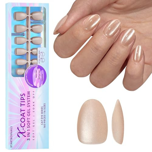 BTArtboxnails Cat Eye XCOATTIPS - Soft Gel Almond Nail Tips, Glitter Press On Nails Extra Short, Soak Off Fake Nails Glue On Nails In 16 Sizes - 160 Nail Extension Set, Aurora | Amazon (US)