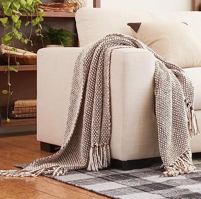 Amazon Brand – Stone & Beam Woven Farmhouse Throw Blanket, Soft and Cozy, 50" x 60", Grey, Brow... | Amazon (US)