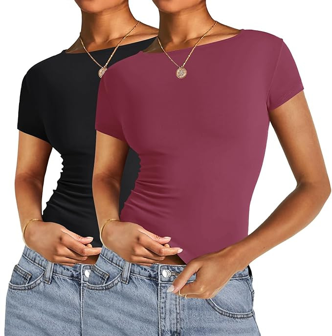 AKEWEI Long Sleeve Crop Tops for Women 2 Pack Fall Going Out Outfits Cute Tight Basic Tees Shirt | Amazon (US)