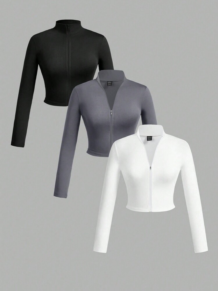 Slaydiva 3pcs/Set Women Simple Casual Autumn Winter Stretchy Turtleneck Zipper V-Neck Long Sleeve... | SHEIN