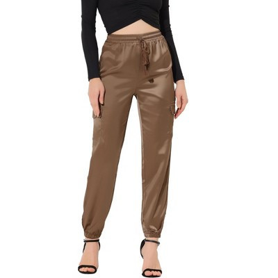 INSPIRE CHIC Women's Satin Drawstring Elastic High Waist Shiny Silky Cargo Pants Small Tan | Target