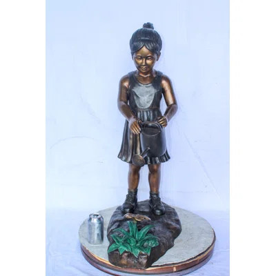 Nifao Collection Bronze Statue of a Little Girl Watering Flowers 34" x 14" x 47"H | Wayfair North America