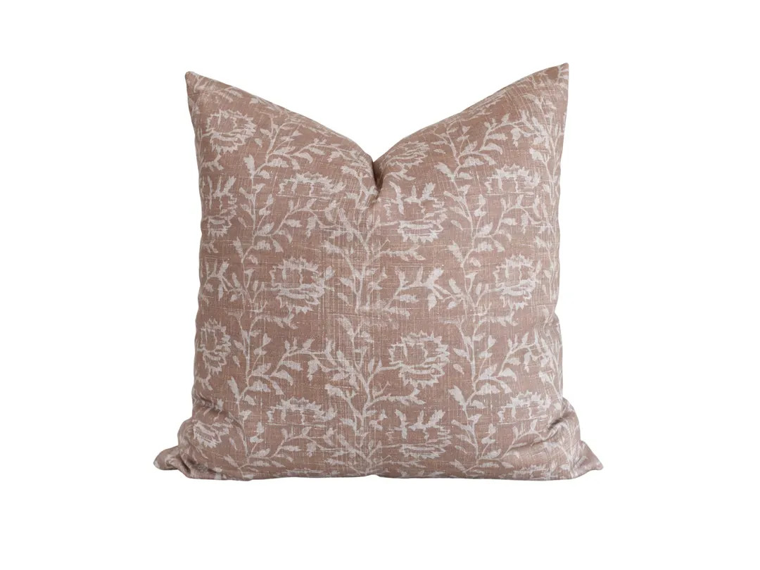 Pink Floral Block Print Pillow Cover: Blush Linen Cotton Throw Pillow - Etsy | Etsy (US)
