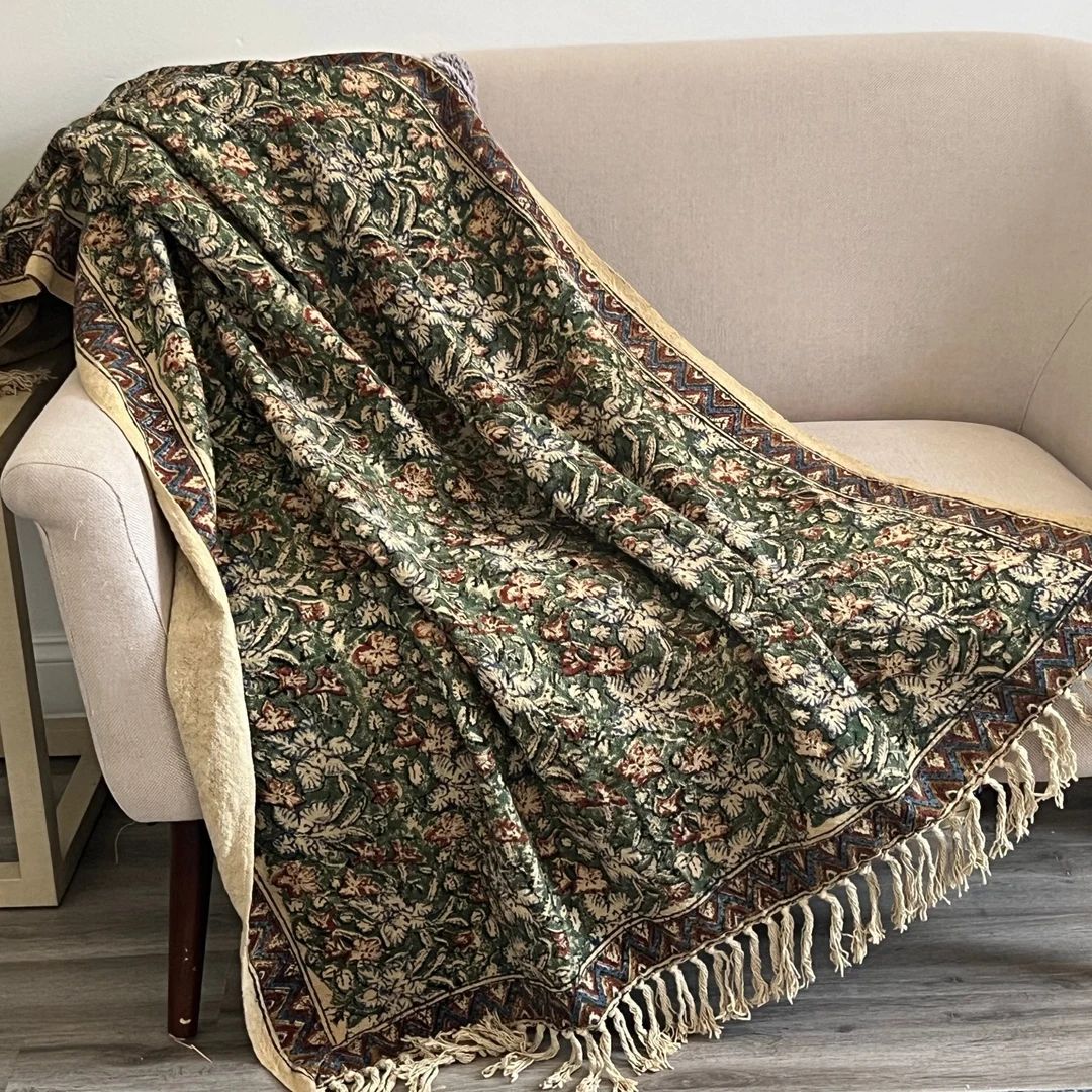 Vintage Green Floral Blanket, Boho Throw Blanket, Boho Home Decor, Queen Blanket for Bed, Woven B... | Etsy (US)