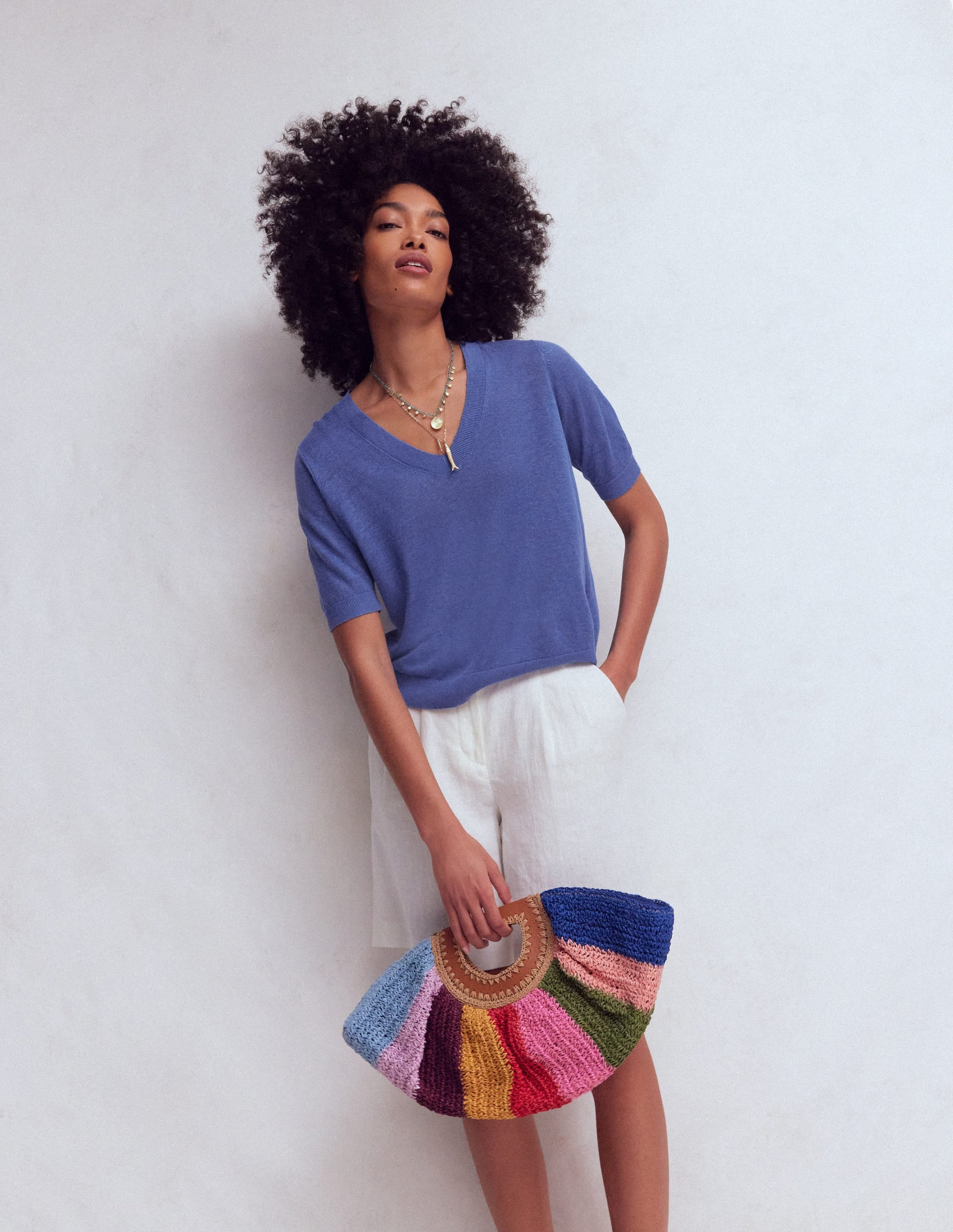 Agnes Linen V Neck T-Shirt-Ivory/ Green | Boden (US)