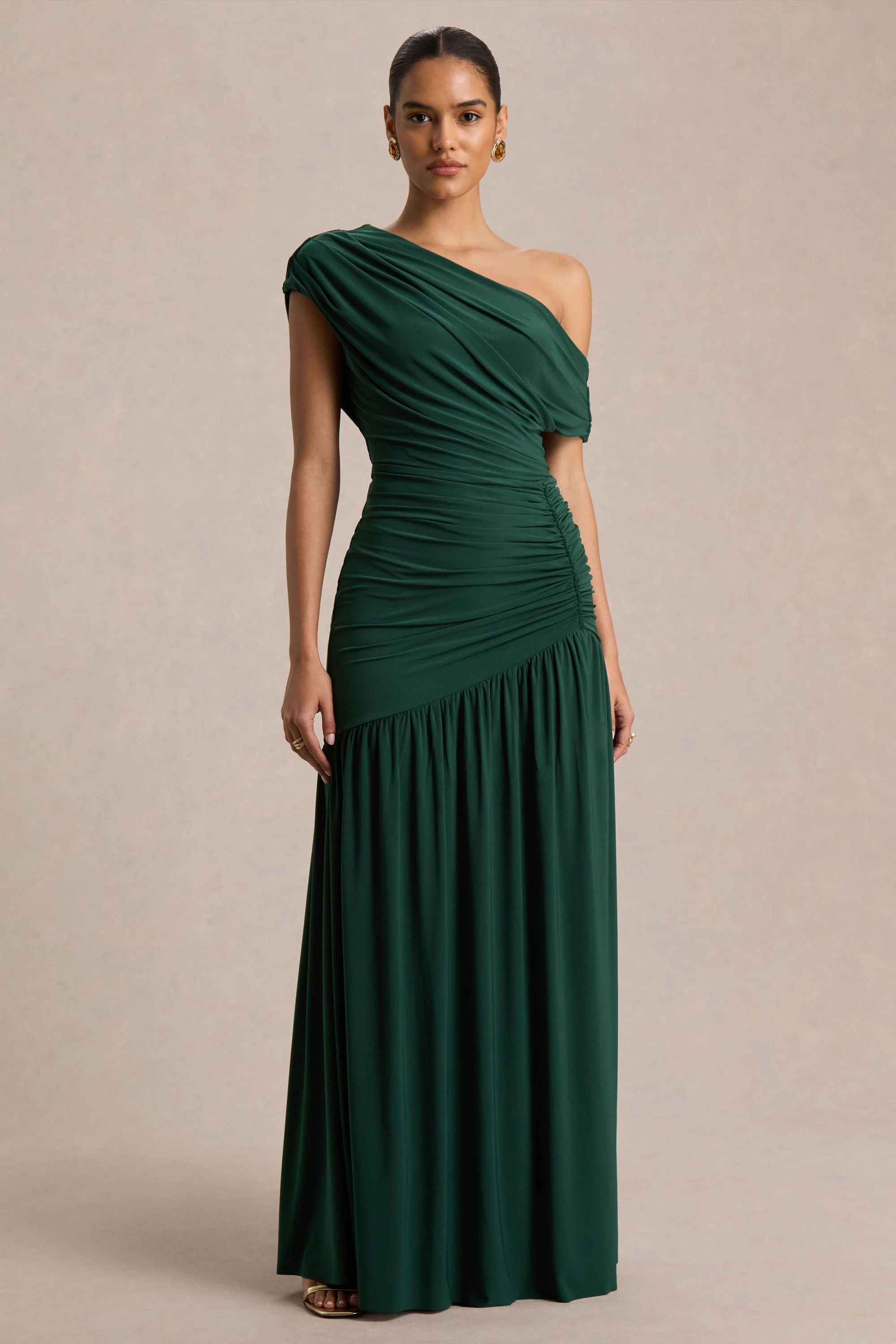 Kady  Dark Green Asymmetric-Neck Maxi Dress With Ruched Detailing | Club L London