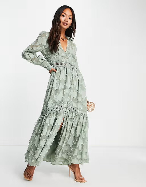 ASOS DESIGN button through maxi shirt dress with lace inserts in burnout in khaki | ASOS (Global)