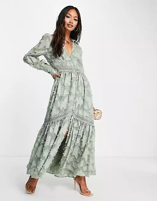 ASOS DESIGN button through maxi shirt dress with lace inserts in burnout in khaki | ASOS (Global)