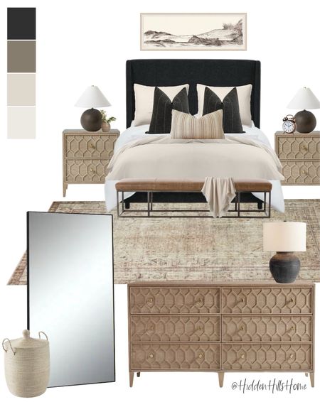 Modern transitional bedroom mood board, upholstered bed, bedroom design, home decor inspo, master bedroom mood board #bed 

#LTKhome #LTKsalealert