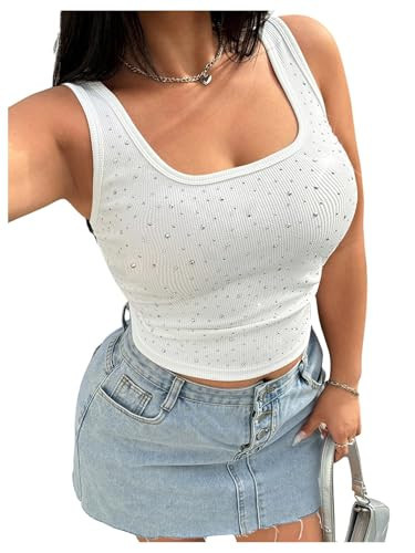 WDIRARA Women's Plus Size Rhinestone Tank Top Square Neck Sleeveless Rib Knit Tops White X-Large Plus | Amazon (US)