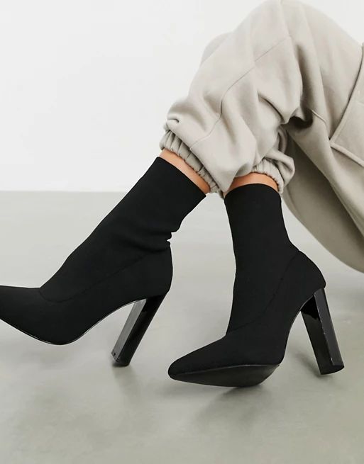 ASOS DESIGN Enhance block heel sock boots in black knit | ASOS (Global)