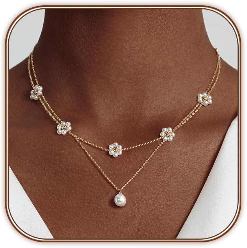 OGD Gold Pearl Necklaces Set for Women 14K Gold Plated Dainty Layered Pearl Cute Daisy Pearl Chok... | Amazon (US)