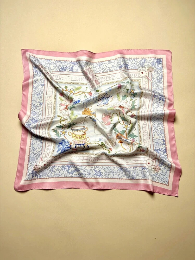 1PC Ladies Wonderland Print Square Scarf Elegant Pink Neckerchief Bandana Women Satin Head Scarf Hair Accessories | SHEIN