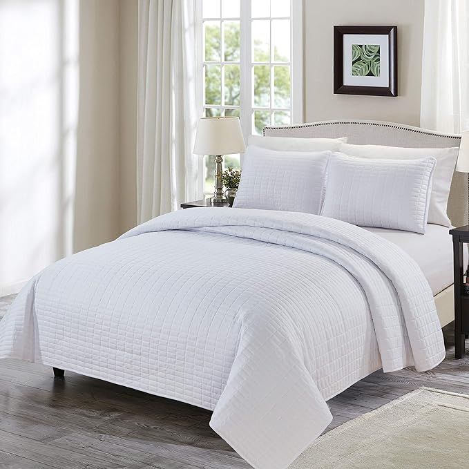 Chezmoi Collection Auburn 3-Piece Modern Quilted Bedspread Set (King, White) | Amazon (US)