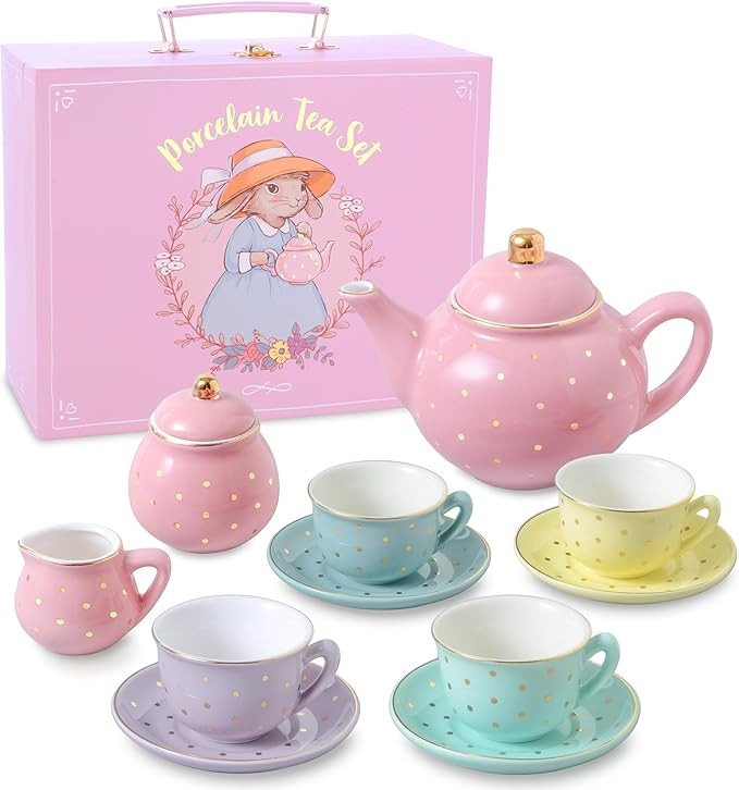 Porcelain Tea Set for Girls - Pastel with Gold Polka Dot Tea Party Set for Kids I Complete Childr... | Amazon (US)