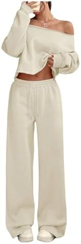 SOLY HUX Women's 2 Piece Outfits Fall Sweatsuits Off The Shoulder Crop Top Wide Leg Sweatpants Ca... | Amazon (US)