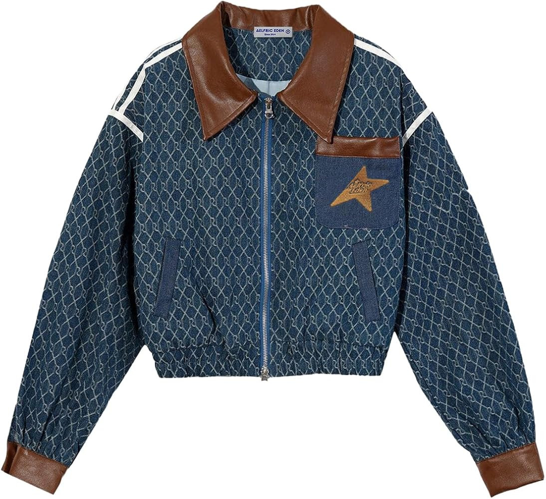 Aelfric Eden Womens Vintage Denim Jacquard Cropped Jacket Fashion Long Sleeve Jean Coat Denim Jac... | Amazon (US)