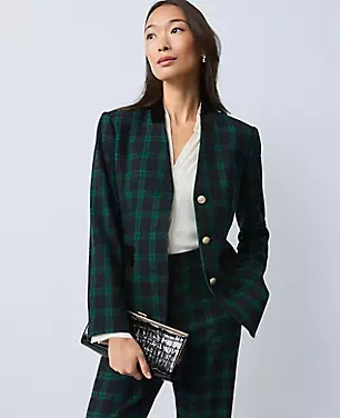 The Long Collarless Blazer in Plaid | Ann Taylor