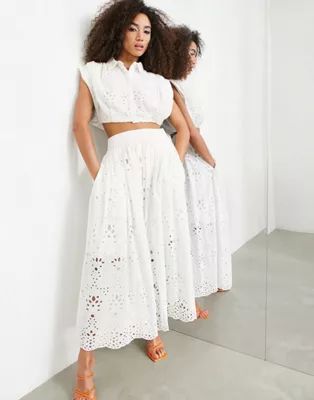 ASOS EDITION cropped broderie shirt & pleated waist broderie midi skirt in white | ASOS (Global)