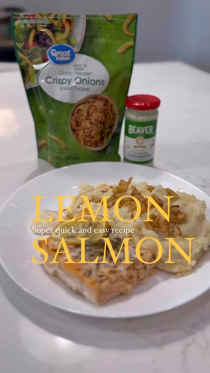 👌🏼✨This super quick and easy Lemon Salmon Recipe is so healthy and yummy! Take one Salmon filet, split it into 3 inch parts, take lemon and slice it. Season with garlic salt, parsley, dill, some bagel seasoning. Add lemon slices, oregano leaves and some garlic. Cook at 350 Fahrenheit for 50 min. Serve with mashed potatoes, roasted dried onions and creamy horseradish. Ummm, yummy! Follow for more healthy and quick recipes!#healthyrecipes #aziquestyle #healthyhabits #healthylife #quickandeasy