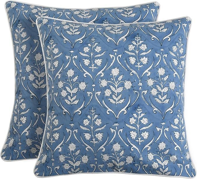 Ridhi Block Print Cornflower Blue Pillow Cover 24" x 24" (Pack of 2) Decorative Couch Pillows for... | Amazon (US)