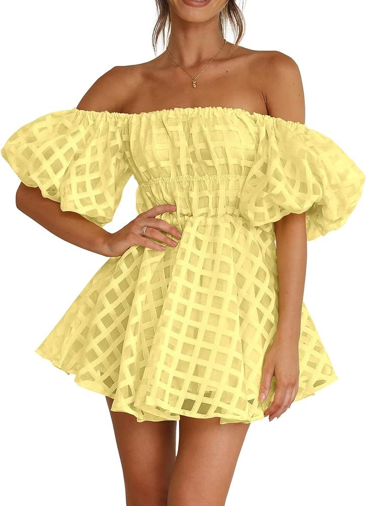 PRETTYGARDEN Women's Off The Shoulder Babydoll Dress Short Puff Sleeve Casual A Line Ruffle Summe... | Amazon (US)