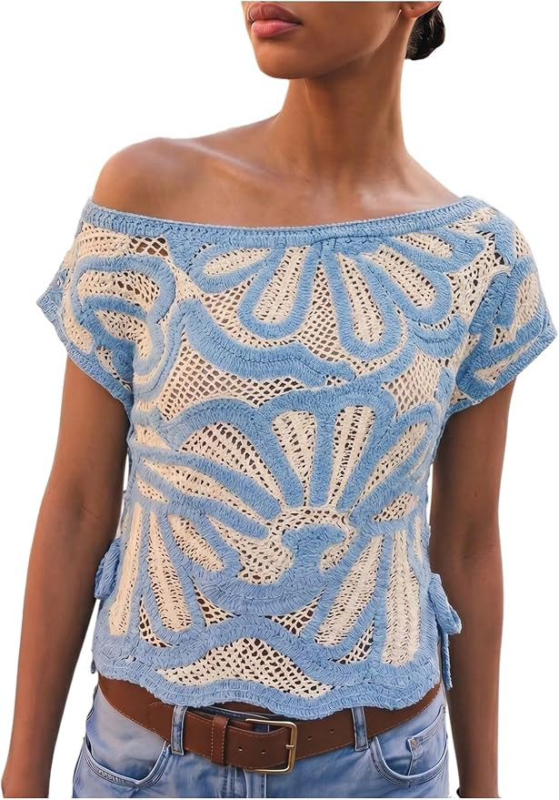 Milumia Women's Floral Crochet Sweater Off Shoulder Short Sleeve Knit Summer Beach Vacation Tops | Amazon (US)