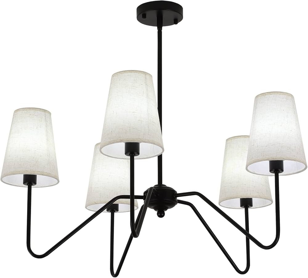 FIYUEOYI 5 Arms Black Chandelier with Linen Shades, Dining Room Chandeliers,5 Light Classic Pendant  | Amazon (US)