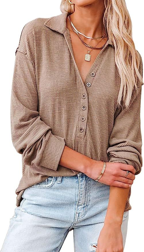 MIHOLL Womens V Neck Long Sleeve Blouses Casual Loose Stand Collar Knit Button Up Shirts Tops | Amazon (US)