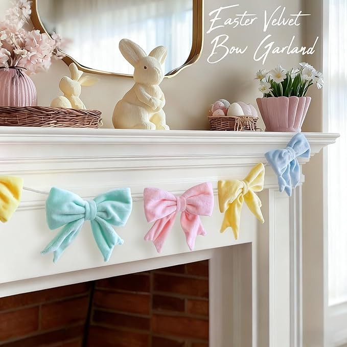Easter Decorations - 6.5 Ft Pastel Velvet Bow Garland - Spring Room Decor for Home Party Office -... | Amazon (US)