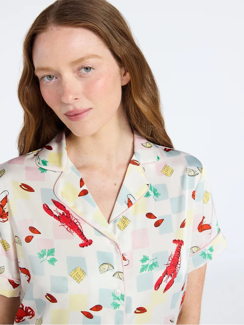 Joyspun Women’s Stretch Satin Short Sleeve Top and Shorts Pajama Set, Sizes XS-3X | Walmart (US)