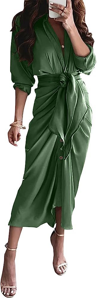 BTFBM Women 2023 Long Sleeve Lapel V Neck Button Down Satin Dress Belted Elegant Ruched Spring Su... | Amazon (US)