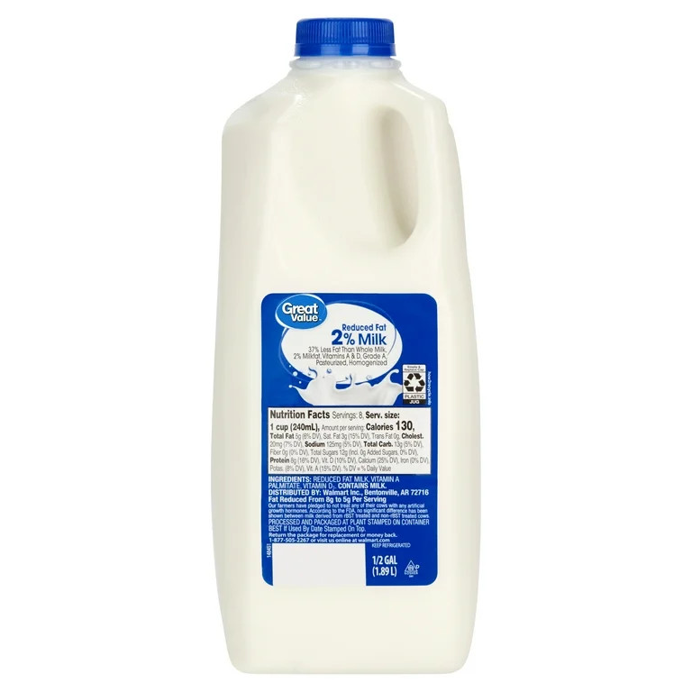 Great Value Milk, 2% Reduced Fat, Half Gallon, 64 fl oz Jug | Walmart (US)