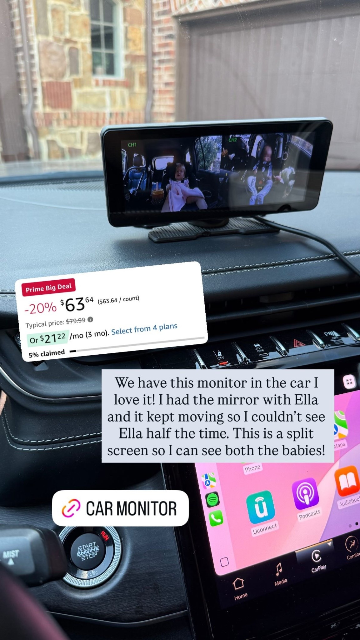 We have this monitor in the car I love it! I had the mirror with Ella and it kept moving so I couldn’t see Ella half the time. This is a split screen so I can see both the babies!