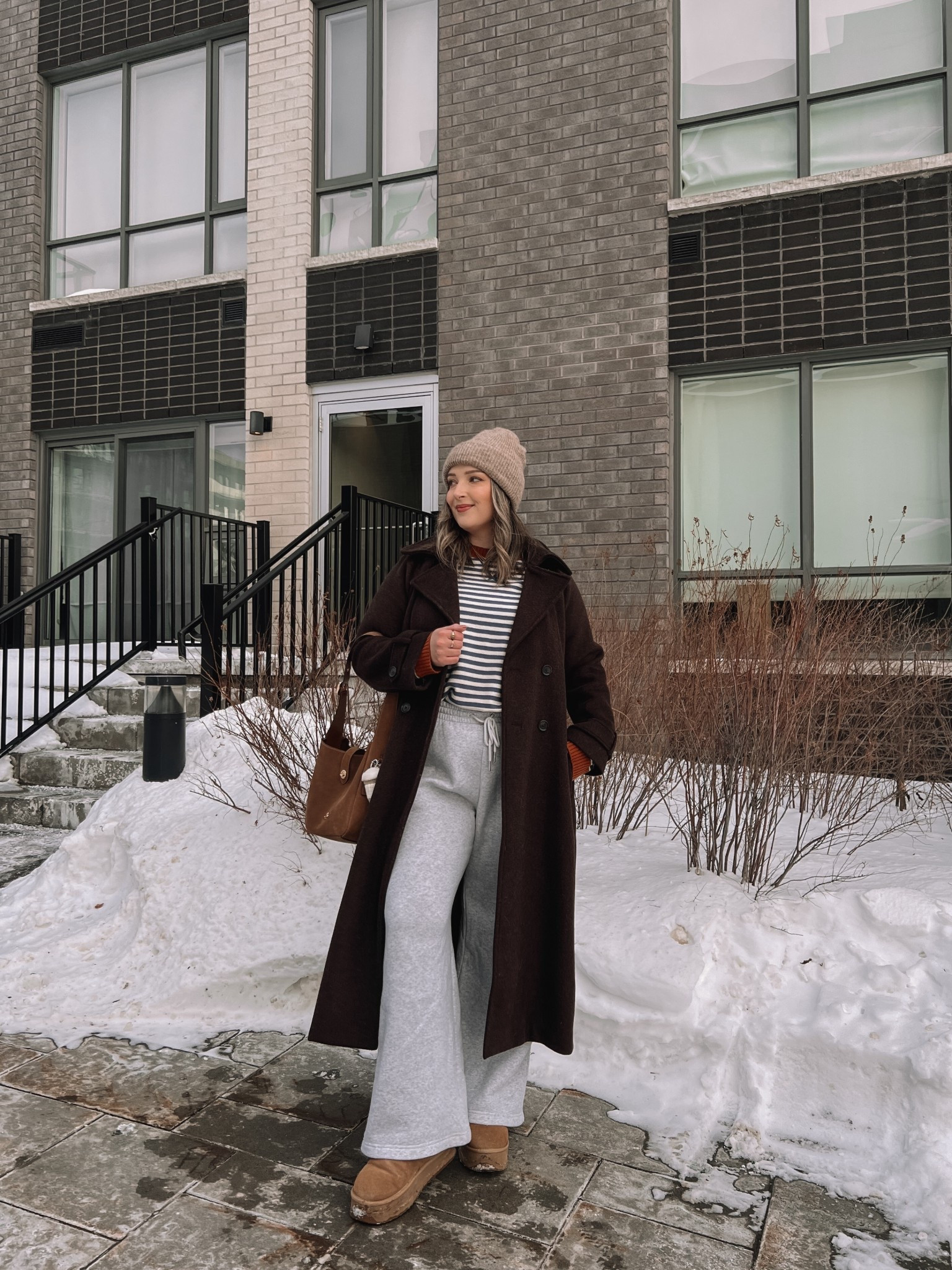 Casual winter outfit! Wearing my usual size L in the striped sweater, chocolate brown wool blend coat, and wide leg sweatpants. Ugg style platform boots from Amazon are so comfy! I’m usually a 9.5-10 and wear a 10


#LTKstyletip #LTKmidsize #LTKwinter