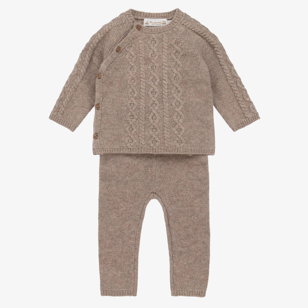 Baby Boys Brown Wool Knitted Trouser Set | Childrensalon