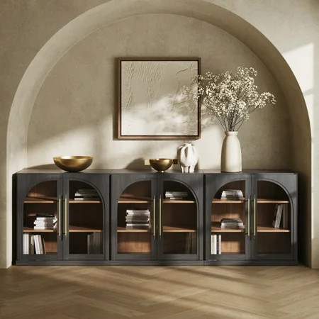 BELLEZE Set of 3 Modular Sideboard with Arched Glass Door, Accent Display Buffet Cabinet with Storage and Adjustable Shelves,Classic Modern Credenza for Dining Room Living Room Entryway (Ebony) | Walmart (US)