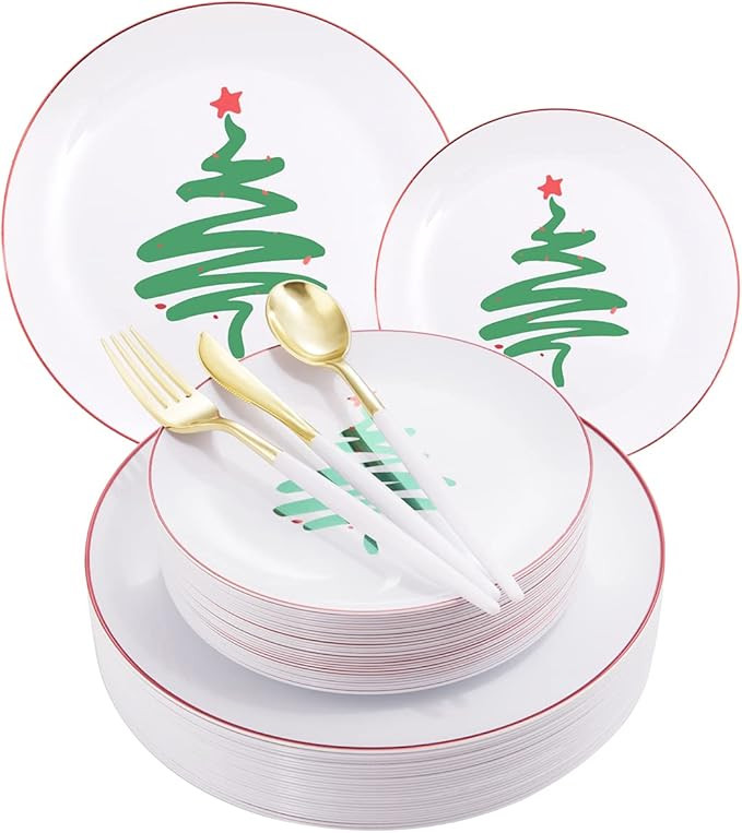 LIYH 150pcs Christmas Dinnerware Set,Christmas Tree Plates,Plastic Christmas Plates with Red Rim,... | Amazon (US)
