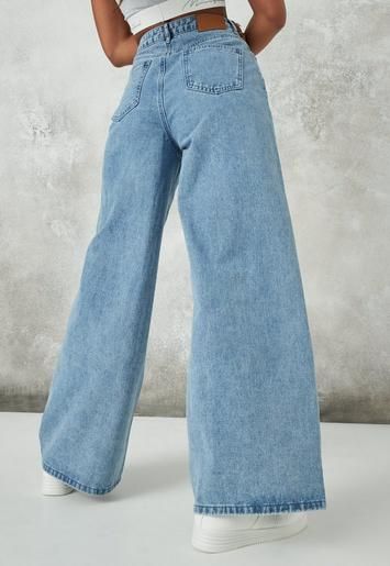 Missguided - Blue Pleated Waistband Wide Leg Jeans | Missguided (US & CA)