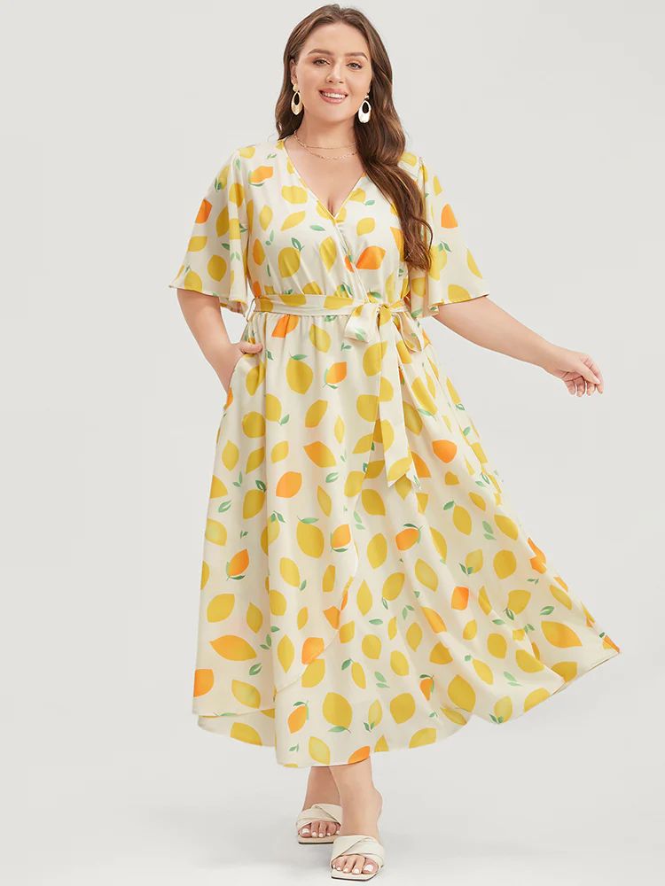 Lemon Print  Surplice Neck Pocket Belted Ruffles Dress | Bloomchic