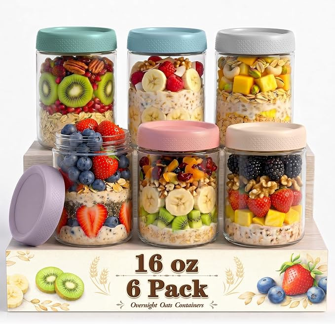 Mason Jars, 16 oz Overnight Oats Containers with Lids, Glass Jar with Lid | 6 Pack Wide Mouth Gla... | Amazon (US)