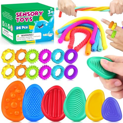 Fidget Sensory Toys for Kids: 26 Pack Quiet Squishy Fidgets for Classroom Students Prizes- Textured Soft Fidget Rings Stretchy Strings for Autism - Office Desk Toddler Travel Fidget Box,Easter Gifts | Amazon (US)