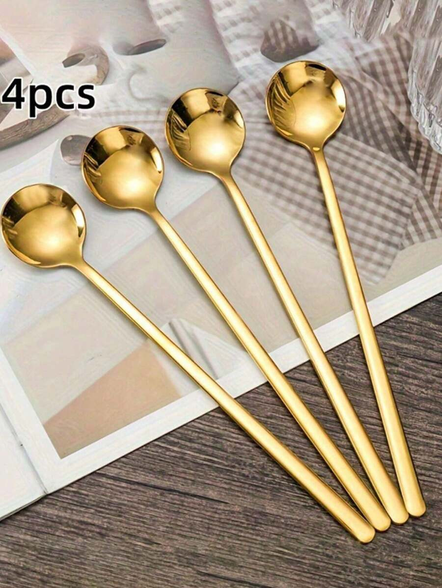 4 PCS Coffee Spoons, Stirring Spoons, Tea Spoons Long Handle, Gold Teaspoons, Gold Spoons, Ice Te... | SHEIN