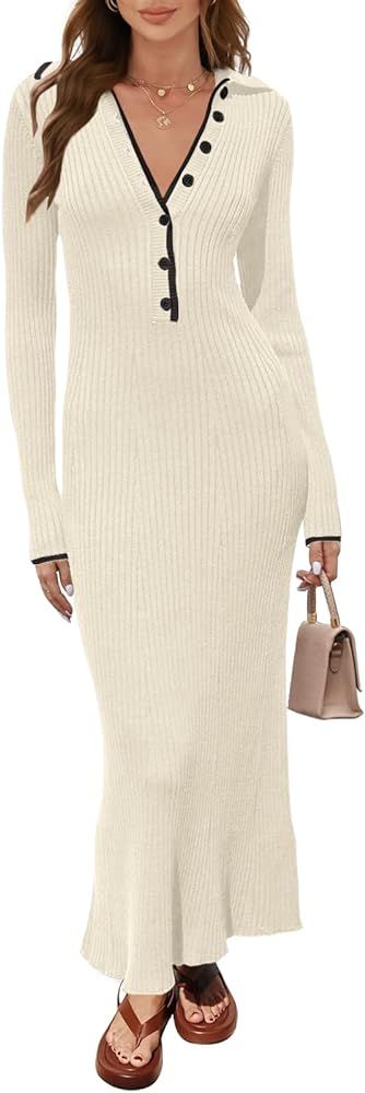 MEROKEETY Women's Long Sleeve V Neck Sweater Dress Button Ribbed Knit Slim Fit Elegant Maxi Dress... | Amazon (US)